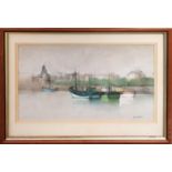 MICHAEL J PRAED, Boats on Carcassome, pastel, signed lower right, 39cm x 25.5cm, framed and