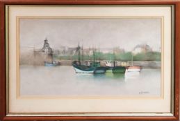 MICHAEL J PRAED, Boats on Carcassome, pastel, signed lower right, 39cm x 25.5cm, framed and