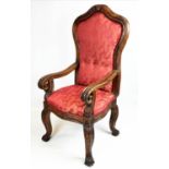 MONASTERY CHAIR, 146cm H x 70cm W, 18th century Italian walnut with high back in red damask.