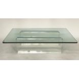 LOW TABLE, 1970s rectangular bevelled rounded plate glass raised upon lucite and chromed supports,