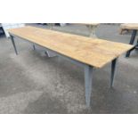 FARMHOUSE TABLE, 77cm H x 335cm W x 77cm D, 20th century grey painted with natural pine plank top.