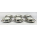 RICHARD GINORI SERVICE, Italy, set of six porcelain twin-handled bowls and six saucers, hand painted