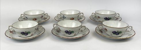 RICHARD GINORI SERVICE, Italy, set of six porcelain twin-handled bowls and six saucers, hand painted