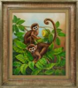 JAIME MANRIQUE (b.1940, Spain) 'Squirrel, Monkeys and Jack Fruit', oil on board 59cm x 49cm,