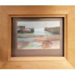 KEN SYMONDS, 'Newlyn harbour 85' plus 'Study of a female nude', largest 19cm x 25cm, framed. (