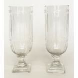STORM LANTERNS, a pair, engraved cut glass, each cylindrical with facetted stepped, 35cm H. (2)