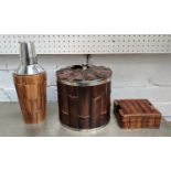 COCKTAIL SET, including shaker, ice bucket, and coasters, 1970s Italian style bamboo detail, 180cm x
