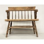 ELBOW BENCH, rustic pine and ash with spindle back, 86cm W x 84cm H.