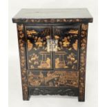 CHINESE SIDE CABINET, black lacquered and gilt Chinoiserie decorated with two panel doors, 68cm W