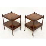 LAMP TABLES, a pair, George III design mahogany and crossbanded each with two tiers and drawer, 47cm