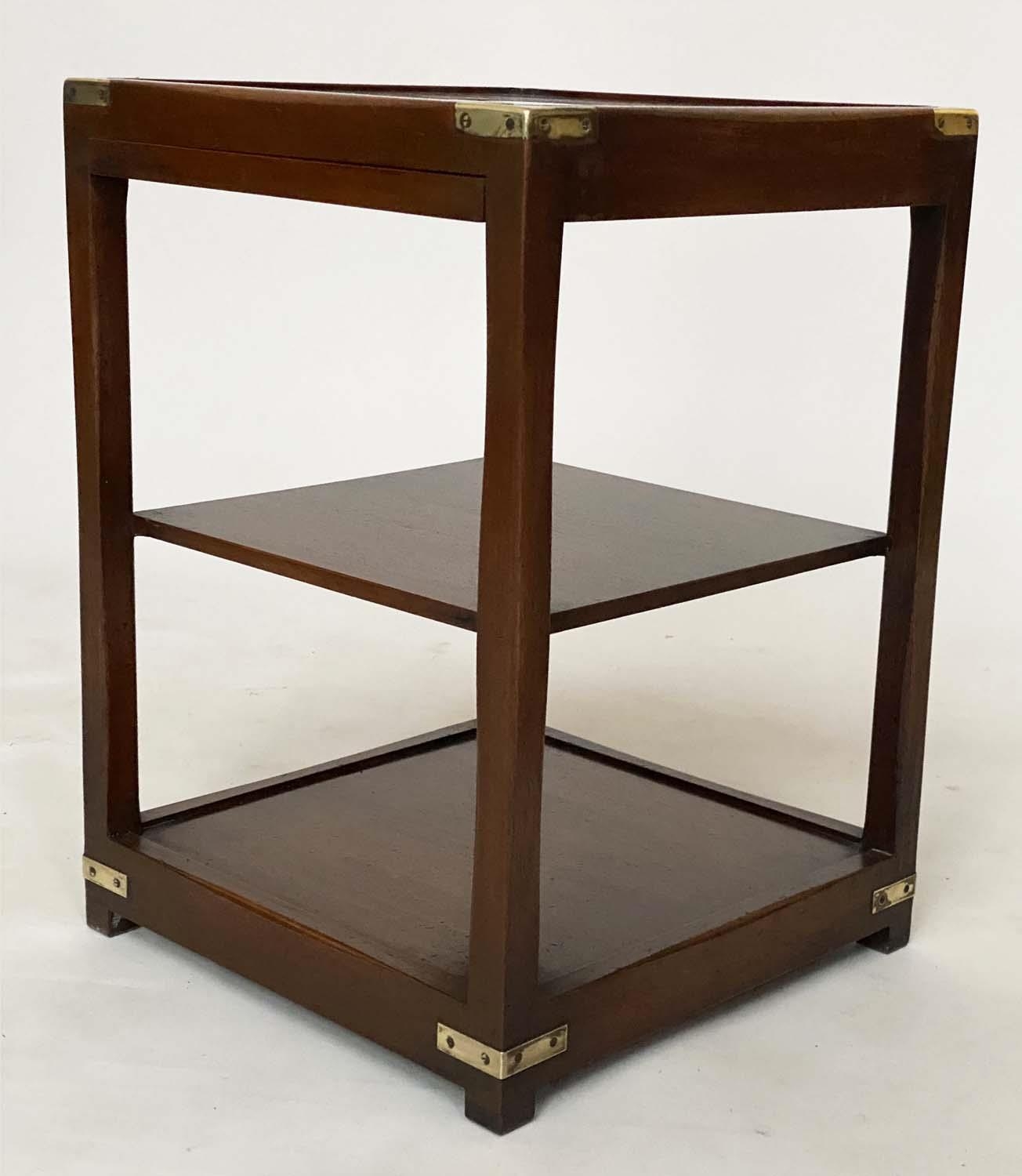 LAMP TABLES, a pair, campaign style mahogany and brass bound each with brushing candle slides and - Image 3 of 4