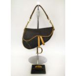 CHRISTIAN DIOR VINTAGE SADDLE BAG, denim with leather top handle strap closure and trims, gold