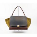 CÉLINE LARGE TRAPEZE TRICOLOUR BAG, leather with suede sides and leather lining, gold tone hardware,