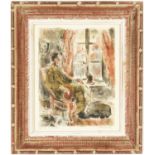 SUZANNE HUMBERT (French), Seated man with dog, handsigned lithograph, artist proof, vintage French