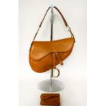 CHRISTIAN DIOR VINTAGE SADDLE BAG, tan calfskin leather, top handle with CD logo finishing, matte