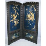 SCREEN, late 19th century Japanese blue lacquer and bone relief decorated of two panels, each leaf