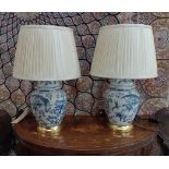 TABLE LAMPS, 55cm H x 35cm W, a pair, Chinese blue and white ceramic with pagoda decoration, with