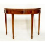TEA TABLE, George III design flame mahogany foldover demi lune and satinwood crossbanded with square