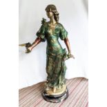 MAIDEN WITH DOVES, painted spelter, 90cm H.