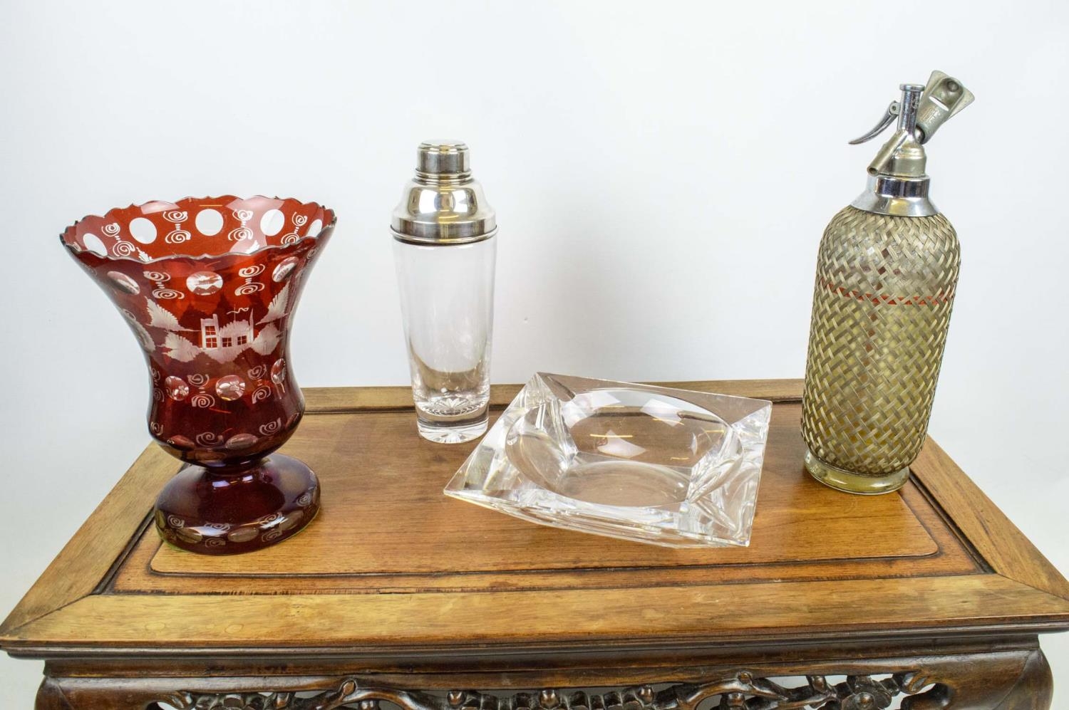 COLLECTION OF GLASSWARE, including a cranberry Bohemian cut glass vase, a Val St Lambert crystal