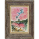 MARC CHAGALL, Woman in Paris, off set lithograph, printed by Maeght, French vintage frame. 22cm x