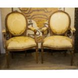 FAUTEUILS, 102cm H x 65cm, a pair, Louis XVI style stained beechwood in gold damask. (2)