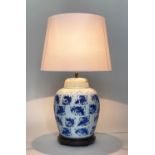 CARP TABLE LAMP, 80cm H, large Chinese blue and white ceramic, of lidded vase form on wooden base (