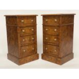 BEDSIDE CHESTS, a pair, 19th century style burr walnut and crossbanded each with four drawers,