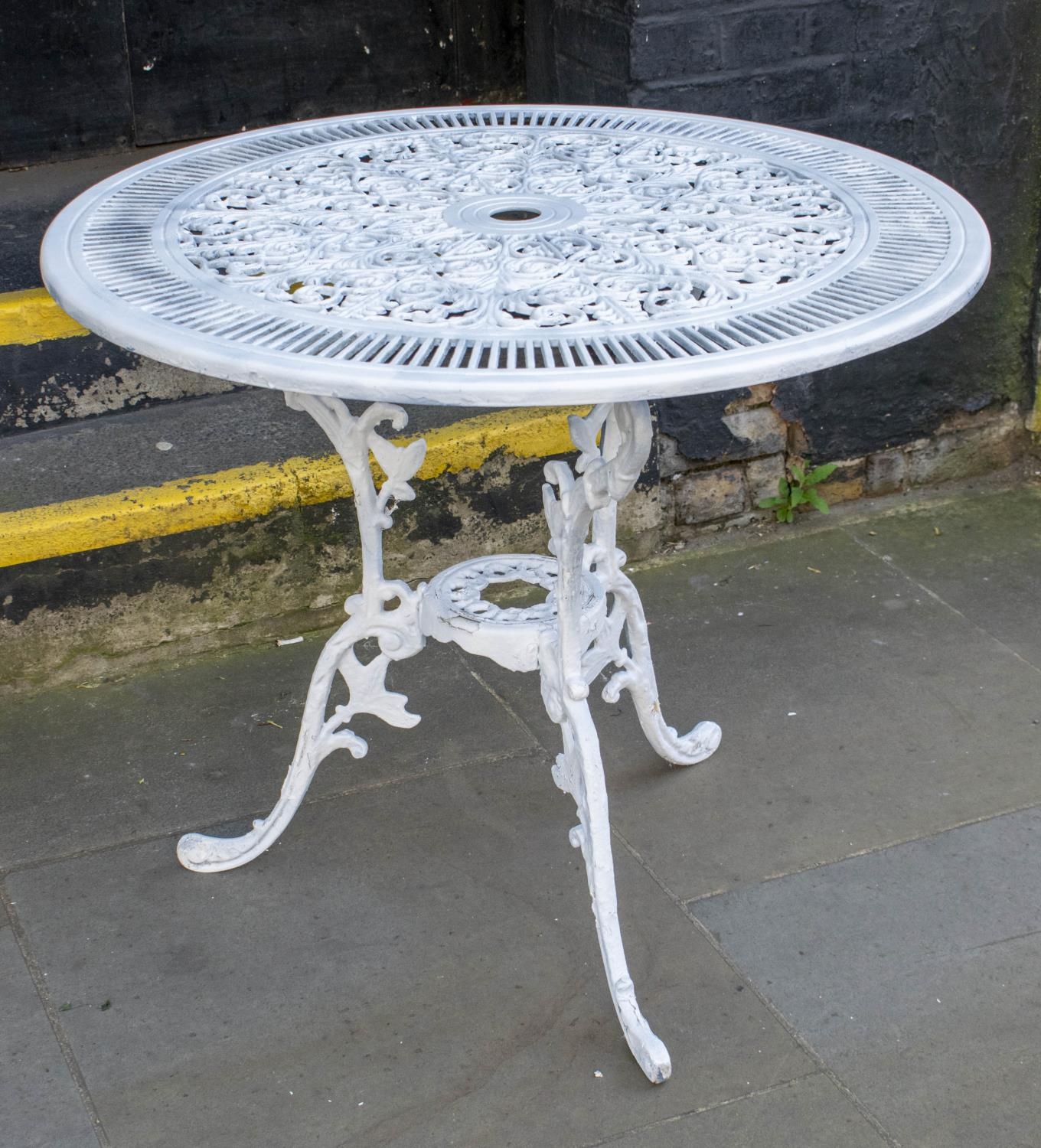 GARDEN TABLE, 69cm H x 80cm D, white painted aluminium with circular top and a set of four - Image 2 of 5