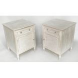 CABINETS, a pair, French grey painted each with drawer, door and turned supports, 50cm x 50cm x 70cm