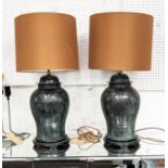 TABLE LAMPS, a pair, 83cm H, glazed ceramic baluster vase form, gold shades. (2)