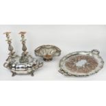 A COLLECTION OF SHEFFIELD PLATE WARE, comprising a pair of early Victorian candlesticks, a pair of
