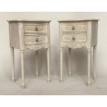 TABLES DE NUIT, a pair, early 20th century Louis XVI style carved and grey painted each with two