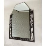 ART DECO WALL MIRROR, French bevelled tapering mirror within a wrought iron foliate and vitruvian