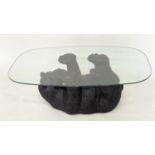 BROWN BEAR LOW TABLE, oval bevelled glass on resin moulded base, 107cm x 66cm x 42cm H.
