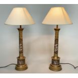 TABLE LAMPS, a pair, toleware columns with panelled Chinoiserie decoration with shades, 70cm H