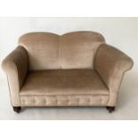 SOFA, 140cm W x 159cm arm down Edwardian two seater with drop arm and button taupe velvet
