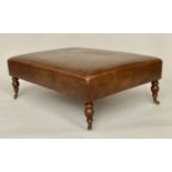 HEARTH STOOL, rectangular country house style grained mid brown leather on turned tapering supports,