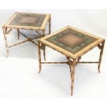 LAMP TABLES, a pair, Regency design, faux bamboo frames with eglomise style glass tops, 49cm H x