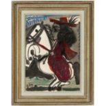PABLO PICASSO, Woman on horseback, off set lithograph, suite: Toros, French vintage frame. 26cm x