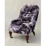 SLIPPER CHAIR, Victorian mahogany, with crystal buttoned violet velvet upholstery and turned front