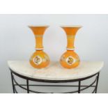 VASES, a pair, 19th century French opaline glass with orange ground Greek key and classical