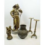 COLLECTION OF METAL WARE, including a Chinese style archaic bronze vase, 30cm H, a figure of