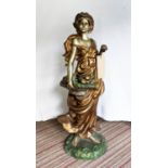 HIPPOLYTE MOREAU STYLE MAIDEN SELLING APPLES, painted spelter, 87cm H.
