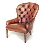 LIBRARY CHAIR, Georgian style buttoned faded brown leather with turned front support, 67cm W.