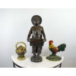 BRONZE BOY, standing in dungarees with frog in pocket and basket, 60cm H, along with two painted