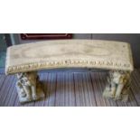 GARDEN SEAT, 53cm H x 115cm W x 40cm D, reconstituted stone with concave seat on lion supports.