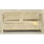 HUNGARIAN BENCH, 19th century traditionally grey painted with rising seat, panelled back and