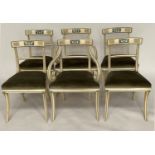 DINING CHAIRS, a set of six, Regency style painted with arch bowed backs and green velvet