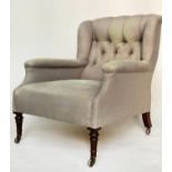 WING BACK ARMCHAIR, 19th century linen upholstered with button back and turned tapering front